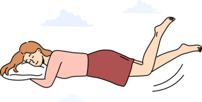 Happy woman levitate in air sleeping on pillow png