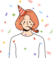 Unhappy woman in birthday hat celebrate birthday alone png