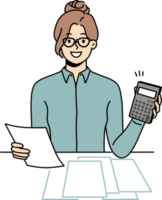 Female accountant calculate taxes on machine png