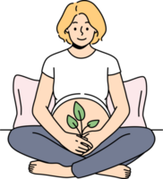 Pregnant woman hold plant at belly png