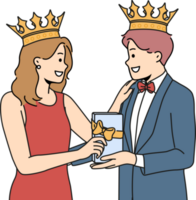Smiling couple with crowns on heads with present png