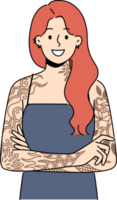 Smiling redhead woman with tattoos on arms png