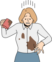 Distressed businesswoman spill coffee on blouse png