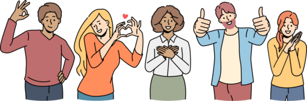 Happy people show diverse hand gestures png