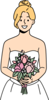 Smiling woman in wedding dress and bridal bouquet png