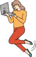 Businesswoman levitate in air work on computer png