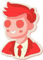 Sticker Style Young Boy Wearing Spectacles With Suit Icon. vector