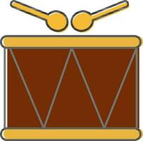 Brown And Yellow Snare Drum With Sticks Icon In Flat Style. vector
