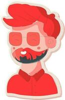 Sticker Style Spectacles Wearing Beared Boy Character Icon In Red Color. vector