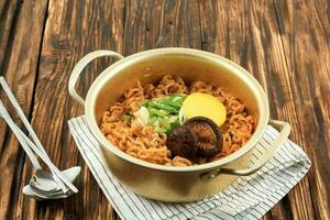 Close Up Korean Style Instant Noodle, Ramyeon or Ramyun with Spicy Flavour photo