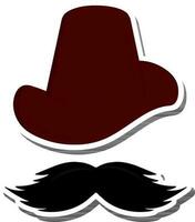 Brown Top Hat And Mustache Icon In Sticker Style. vector