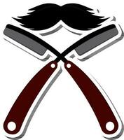 Brown And Gray Folding Razors With Mustache Icon In Sticker Style. vector