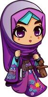 Cute Young Muslim Girl Character Holding Purse In Sticker Style. vector