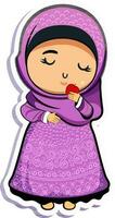 ilustración de joven musulmán niña participación manzana en pegatina estilo. vector