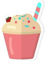 Ice Cream Cup With Waffle Stick And Strawberry Icon In Sticker Style. vector