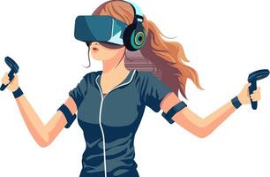 Adorable Character of Young Girl Wearing VR Headset With Hold Controllers. Illustration. vector