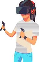 Adorable Character of Young Girl Wearing VR Headset With Hold Controllers. Illustration. vector