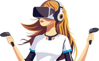 Adorable Character of Young Girl Wearing VR Headset With Hold Controllers. Illustration. vector