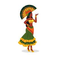 hermosa joven hembra vistiendo pluma tocado en bailando pose. carnaval o samba danza concepto. vector