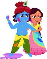 travieso pequeño señor Krishna y radha jugando con colores en el ocasión de holi festival. vector
