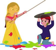 Cute Couple Character Presenting Lathmar Holi On Colourful Splash Background. vector