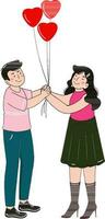 Illustration Of Young Couple Holding Heart Balloons Together In Standing Pose. vector