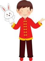 Character Of Chinese Young Boy Wearing Rabbit Puppet Glove In One Hand. vector