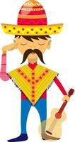 Character of man wearing mexican hat and holding guitar. vector