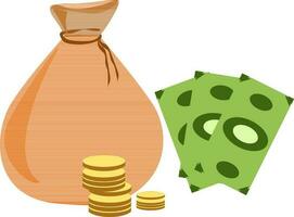 Illustration of money bag, gold coins and notes. vector