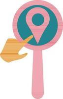 Map pin sign on magnify tool with hand in color style. vector