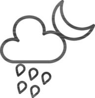 Raining cloud with moon in black line art illustration. vector