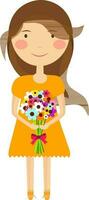 Smiling girl holding colourful flowers. vector
