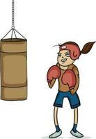 Girl wearing boxing gloves with punching bag. vector