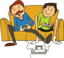 Father and son playing video game. vector