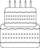 Decorated cake with burning candles in black line art. vector