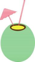 Pink umbrella with straw in green coconut. vector