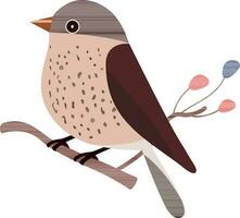 Sparrow Bird Sitting On Floral Branch Icon In Brown Color. vector