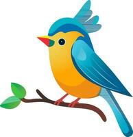 Yellow And Blue Bird Sitting On Branch Icon In Flat Style. vector