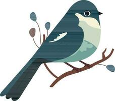 Cute Blue Bird Sitting On Floral Branch Icon In Flat Style. vector