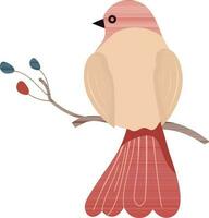 Peach Bird Sitting On Floral Branch Icon In Flat Style. vector