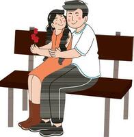 Embracing Young Couple Character With Holding Roses At Bench. vector