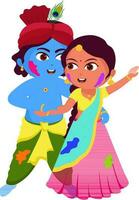 ilustración de pequeño señor Krishna bailando con diosa radha personaje en festival de hola vector