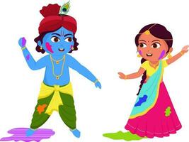 Illustration Of Little Lord Krishna And Radha Character Playing Colors Together For Happy Holi Concept. vector