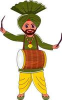 Young Punjabi Man Playing Dhol Instrument In Standing Pose. vector