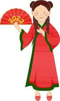 Chinese Young Girl Character Holding Folded Fan With 2023 Number In Standing Pose. vector