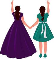 Rear View of Modern Young Women Standing Together And Showing Peace Sign. vector