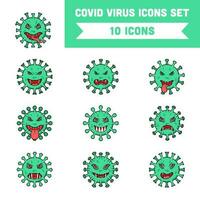 Different Virus Face Cartoon Icon Set In Green Color. vector