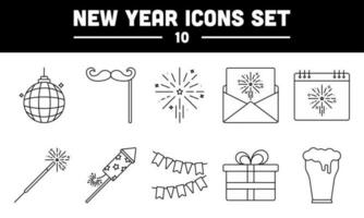 Set Of New Year 10 Icons Or Symbol Set In Black Stroke. vector