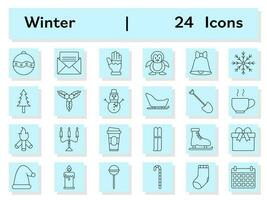 Black Linear Style Winter Celebration Or Holiday Icon Set On Blue Square Background. vector