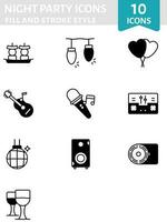 Night Party Icon Set In Black And White Color. vector